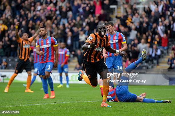 Mohamed Diame of Hull City celebrates after scoring the opening goal during the Barclays Premier League match between Hull City and Crystal Palace at...