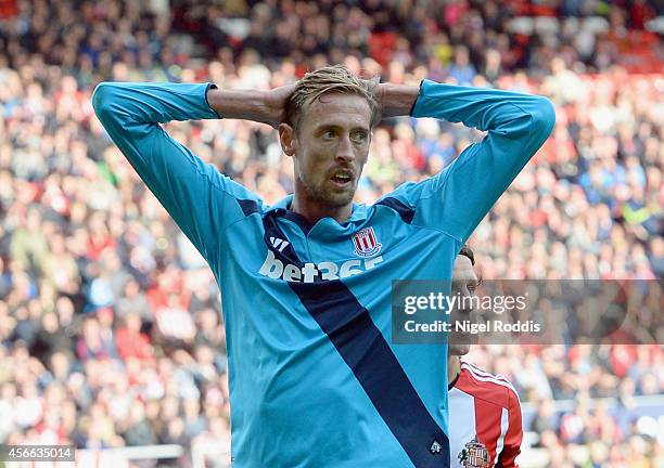 Dejected Peter Crouch of Stoke City looks on during the Barclays Premier League match between Sunderland and Stoke City at Stadium of Light on...