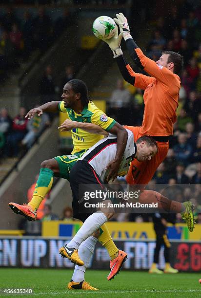 Adam Collin of Rotherham saves from Cameron Jerome of Norwich City during the Sky Bet Championship match between Nowrwich City and Rotherham United...
