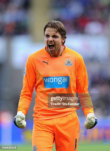 Newcastle goalkeeper Tim Krul celebrates the second goal during the Barclays Premier League match between Swansea City and Newcastle United at...
