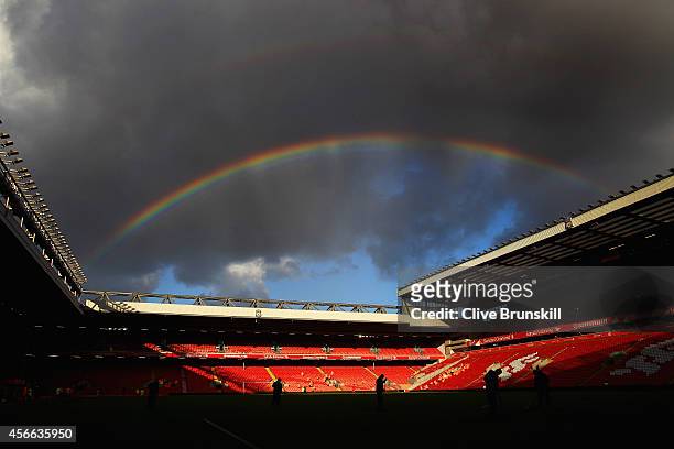Rainbow is seen over the stadium during the Barclays Premier League match between Liverpool and West Bromwich Albion at Anfield on October 4, 2014 in...