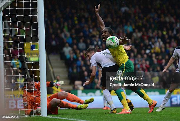 Cameron Jerome of Norwich appeals for a penalty from the challenge of Kari Arnason during the Sky Bet Championship match between Nowrwich City and...