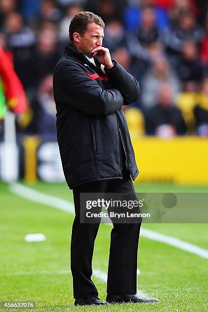 Watford Head Coach Billy McKinlay watches his team during the Sky Bet Championship match between Watford and Brighton & Hove Albion at Vicarage Road...