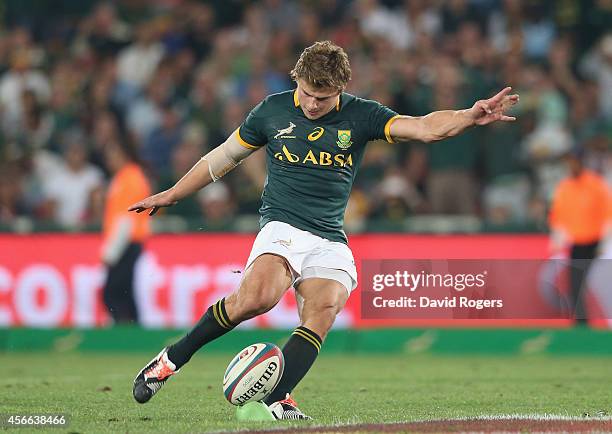 Patrick Lambie of South Africa kicks the match winning penalty during the Rugby Championship match between the South African Springboks and the New...