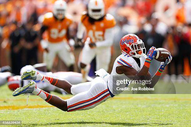 Demarcus Robinson of the Florida Gators dives to make a reception during the first half of the game against the Tennessee Volunteers at Neyland...