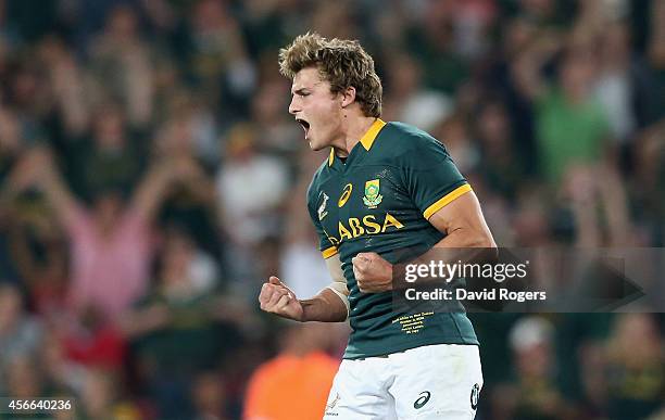 Patrick Lambie of South Africa celebrates after scoring the match winning penalty during the Rugby Championship match between the South African...