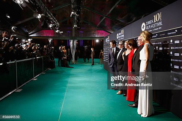 Karl Spoerri, Peter Reichenbach, Anna Thommen, Iris Berben, Stefan Arndt and Nadja Schildknecht attend the Award Night Green Carpet Arrivals during...