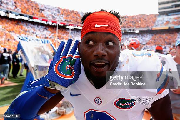 Dante Fowler Jr. #6 of the Florida Gators gestures toward fans in the closing seconds of the game against the Tennessee Volunteers at Neyland Stadium...