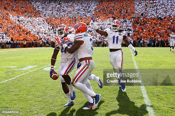 Keanu Neal of the Florida Gators celebrates after intercepting a pass late in the game against the Tennessee Volunteers at Neyland Stadium on October...