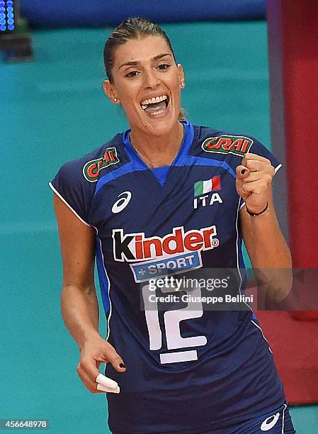 Francesca Piccinini of Italy celebrates during the FIVB Women's World Championship pool E match between Italy and Japan on October 4, 2014 in Bari,...