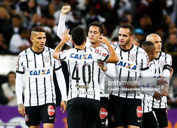 Anderson Martins of Corinthians celebrates their first goal during the match between Corinthians and Sport Recife for the Brazilian Series A 2014 at...
