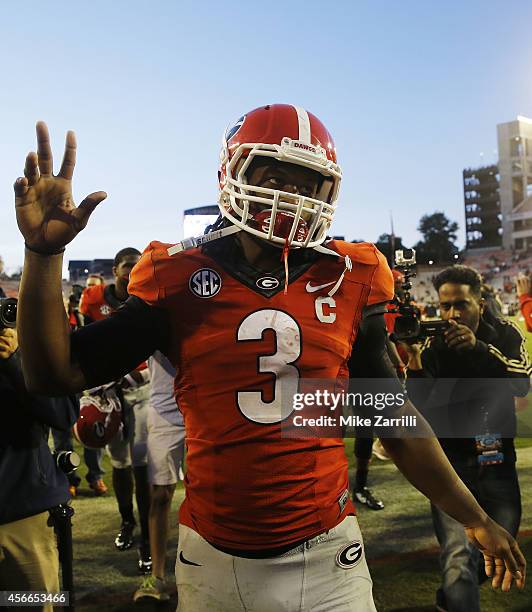 Running back Todd Gurley of the Georgia Bulldogs acknowledges the crowd after the game against the Vanderbilt Commodores at Sanford Stadium on...