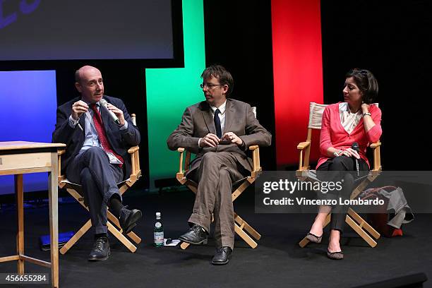 Roberto Arditti, Filippo del Corno and Cristina Tajani attend the IF! Italians Festival at Franco Parenti Theater on October 4, 2014 in Milan, Italy.