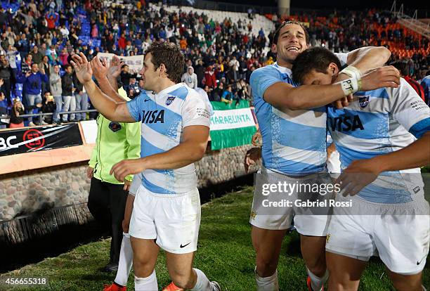 Players of Argentina celebrate after winning a match between Argentina Los Pumas and Australia Wallabies as part of The Rugby Championship 2014 at...