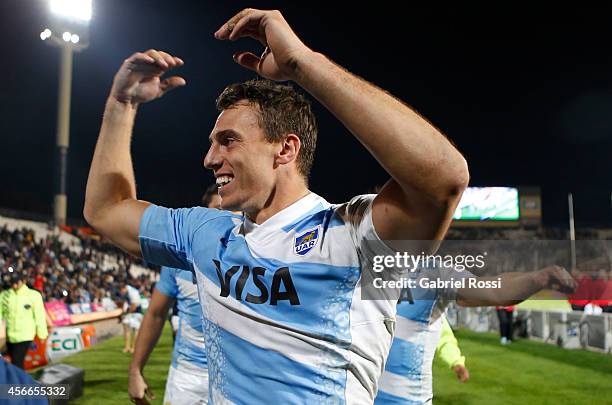 Players of Argentina celebrate after winning a match between Argentina Los Pumas and Australia Wallabies as part of The Rugby Championship 2014 at...