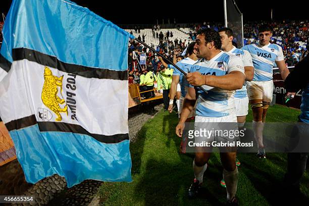 Agustin Creevy captain of Argentina celebrates with an argentinian flag after winning a match between Argentina Los Pumas and Australia Wallabies as...