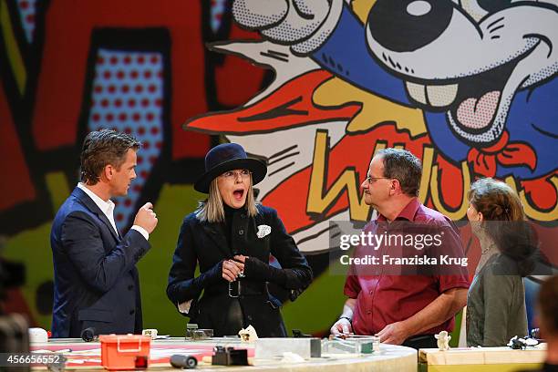 Markus Lanz, Diane Keaton and candidate Detlev Jarchow attend Wetten, dass..? from Erfurt on October 04, 2014 in Erfurt, Germany.