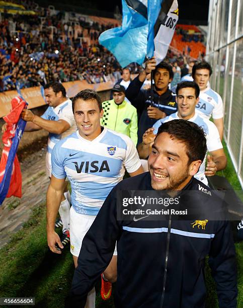 Lucas Noguera Paz and Juan Imhoff of Argentina celebrate with teammates after winning a match between Argentina Los Pumas and Australia Wallabies as...