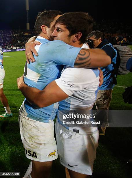 Tomas Cubelli of Argentina celebrates after winning a match between Argentina Los Pumas and Australia Wallabies as part of The Rugby Championship...