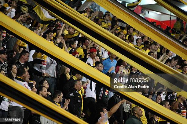 Supporters of Criciuma cheer their team during the match between Criciuma and Atletico MG for the Brazilian Series A 2014 at Heriberto Hulse Stadium...