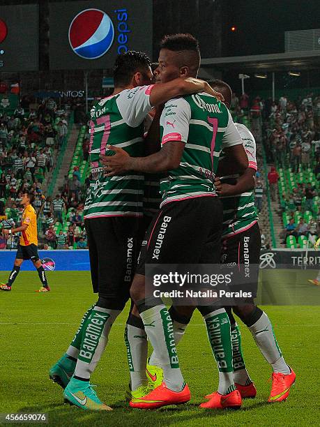 Andres Renteria celebrates after scoring the second goal of his team during a match between Santos Laguna and Morelia as part of 12th round Apertura...