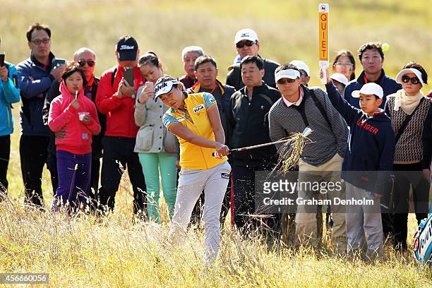 Ilhee Lee of South Korea hits a shot from the rough during day four of the 2014 Reignwood LPGA Classic at Reignwood Pine Valley Golf Club on October...