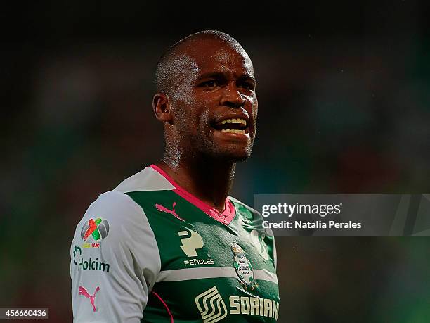 Ribair Rodriguez of Santos reacts during a match between Santos Laguna and Morelia as part of 12th round Apertura 2014 Liga MX at Corona Stadium on...