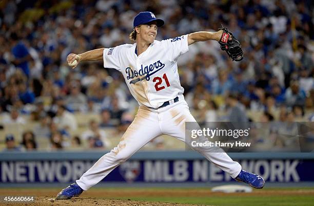 Pitcher Zack Greinke of the Los Angeles Dodgers throws against the St. Louis Cardinals in the sixth inning of Game Two of the National League...
