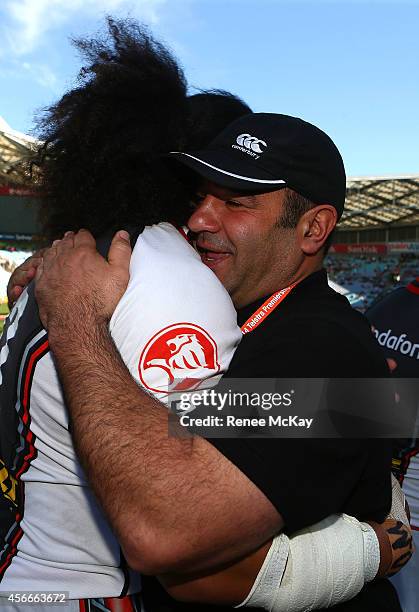 Warriors coach Stacey Jones celebrates after winning the 2014 Under 20's Holden Cup Grand Final match between the Brisbane Broncos and the New...