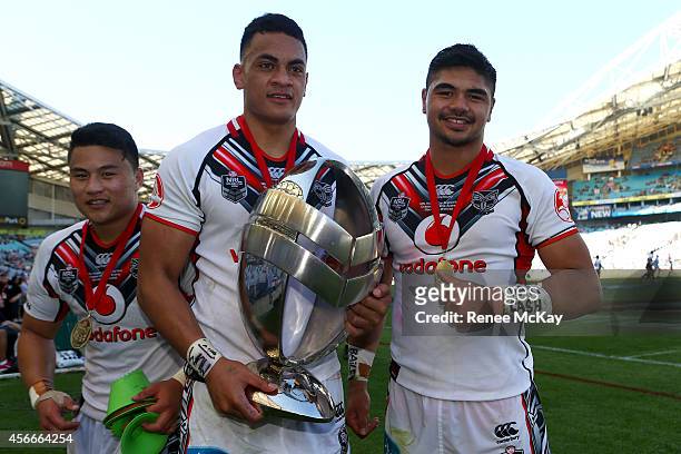 The Warriors celebrate winning the 2014 Under 20's Holden Cup Grand Final match between the Brisbane Broncos and the New Zealand Warriors at ANZ...