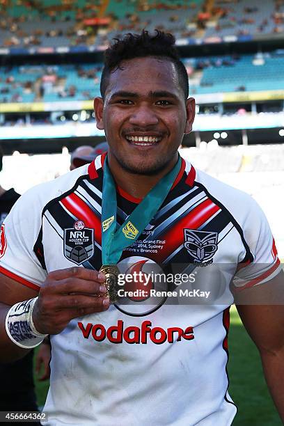 Solomone Kata of the Warriors celebrates after winning the 2014 Under 20's Holden Cup Grand Final match between the Brisbane Broncos and the New...