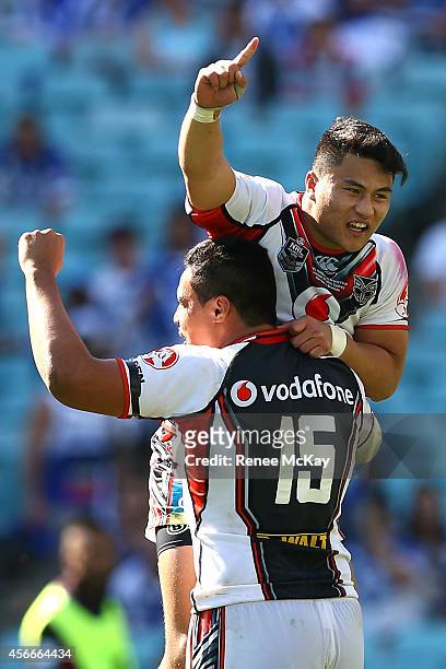 Mason Lino of the Warriors celebrates winning the 2014 Under 20's Holden Cup Grand Final match between the Brisbane Broncos and the New Zealand...