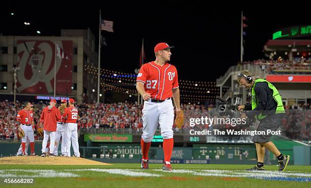 Washington starting pitcher Jordan Zimmermann leaves the game in the top of the ninth inning as the Washington Nationals Nationals play the San...