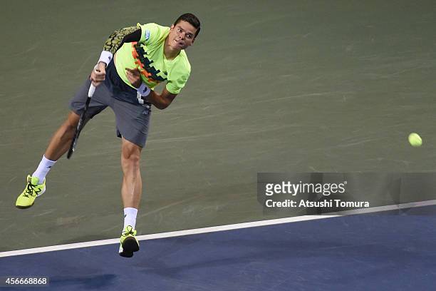 Milos Raonic of Canada in action during the men's singles final match against Kei Nishikori of Japan on day seven of Rakuten Open 2014 at Ariake...