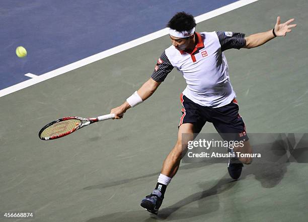 Kei Nishikori of Japan in action during the men's singles final match against Milos Raonic of Canada on day seven of Rakuten Open 2014 at Ariake...