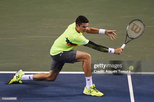 Milos Raonic of Canada in action during the men's singles final match against Kei Nishikori of Japan on day seven of Rakuten Open 2014 at Ariake...