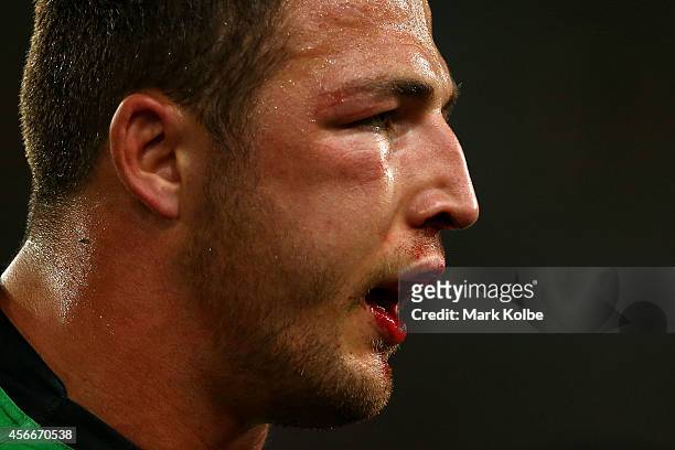 Sam Burgess of the Rabbitohs walks off the field at half time during the 2014 NRL Grand Final match between the South Sydney Rabbitohs and the...