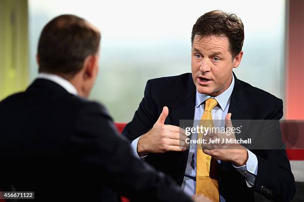 Nick Clegg, Deputy Prime Minister and leader of the Liberal Democrats, appears on the Andrew Marr show at BBC Scotland Pacific Quay on October 5,...