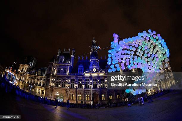 Art Collective Umbrellium presents their installation 'Mini-Burble' during Nuit Blanche 2014 at in front of Hotel de Ville on October 4, 2014 in...