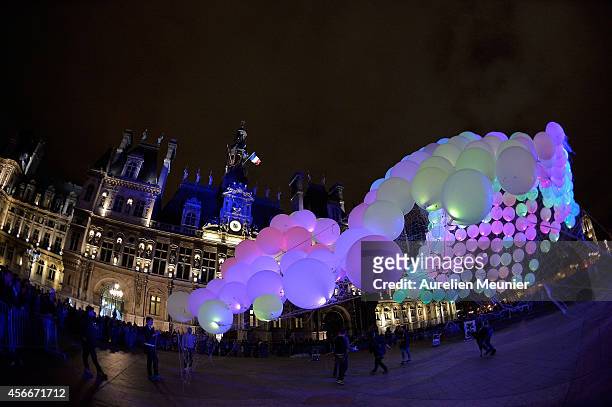 Art Collective Umbrellium presents their installation 'Mini-Burble' during Nuit Blanche 2014 at in front of Hotel de Ville on October 4, 2014 in...