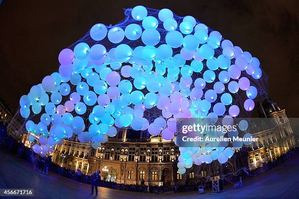 Art Collective Umbrellium presents their installation 'Mini-Burble' during Nuit Blanche 2014 at in front of Hotel de Ville on October 4, 2014 in...