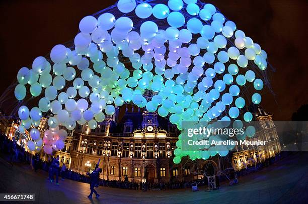 Art Collective Umbrellium presents their installation 'Mini-Burble' during Nuit Blanche 2014 at in front of Hotel de Ville on October 4, 2014 in...