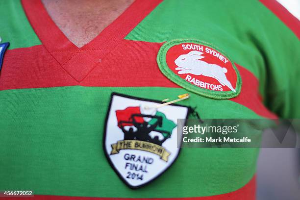 Detail view of a Rabbitohs fan jersey before the 2014 NRL Grand Final match between the South Sydney Rabbitohs and the Canterbury Bulldogs at ANZ...