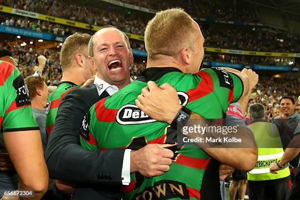 Rabbitohs coach Michael Maguire celebrates winning after the 2014 NRL Grand Final match between the South Sydney Rabbitohs and the Canterbury...