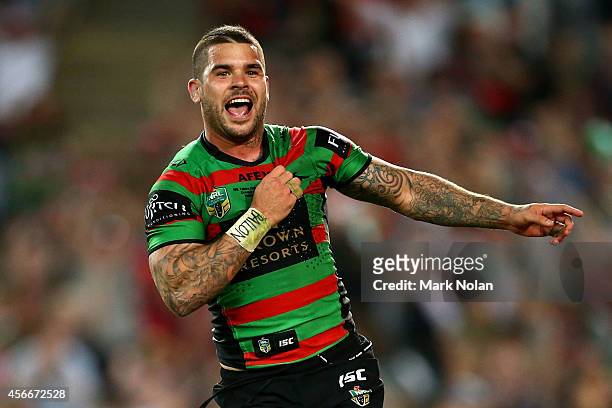 Adam Reynolds of the Rabbitohs celebrates after scoring a try during the 2014 NRL Grand Final match between the South Sydney Rabbitohs and the...