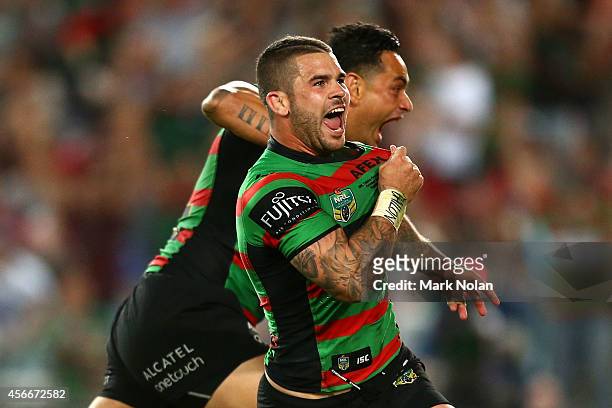 Adam Reynolds and John Sutton of the Rabbitohs celebrate after a try during the 2014 NRL Grand Final match between the South Sydney Rabbitohs and the...