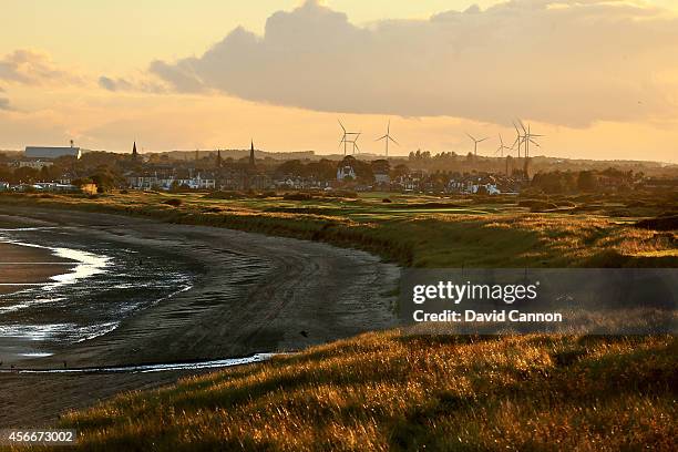 View from the second tee looking out towrads the fourth green and the Leven Links course with th etown of Leven behind at Lundin Links Golf Club on...