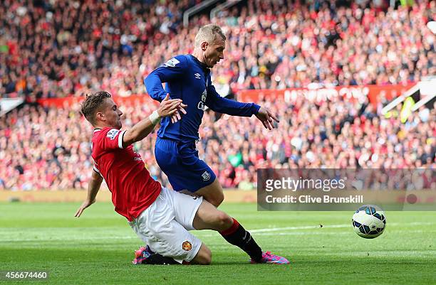 Tony Hibbert of Everton is fouled in the penalty box by Luke Shaw of Manchester United during the Barclays Premier League match between Manchester...
