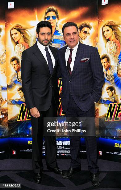 Abhishek Bachchan and Boman Irani attend a photocall for "Happy New Year" at Montcalm Marble Arch on October 5, 2014 in London, England.
