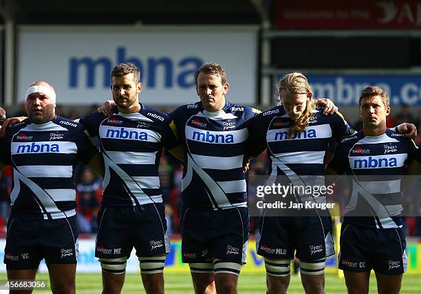 Players observe one minutes silence in memory of Alan Henning prior to the Aviva Premiership match between Sale Sharks and Wasps at AJ Bell Stadium...